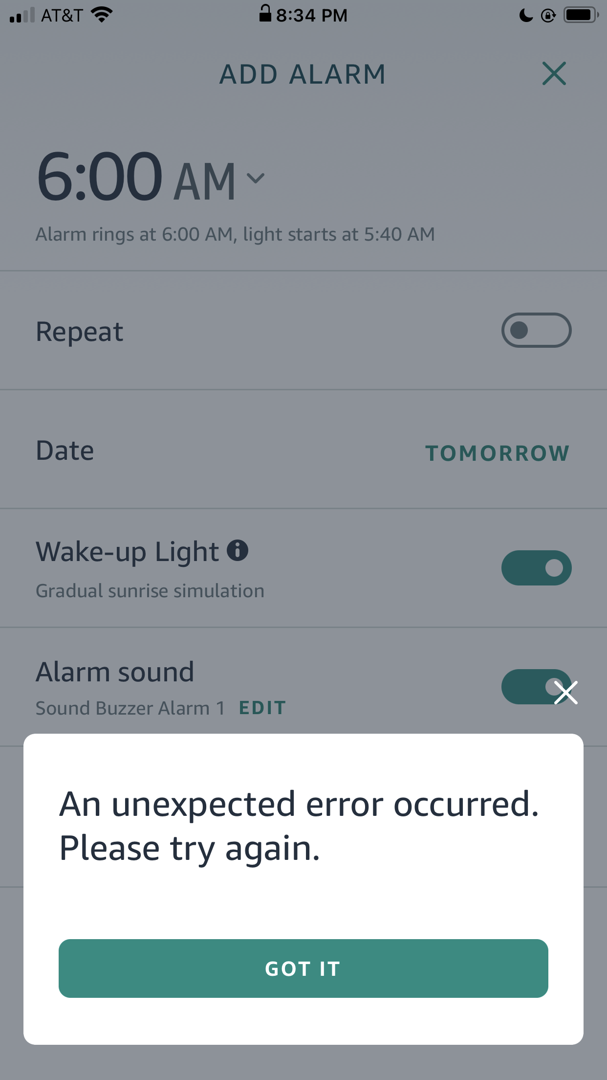 Troubleshoot alarm setup unexpected error occurred